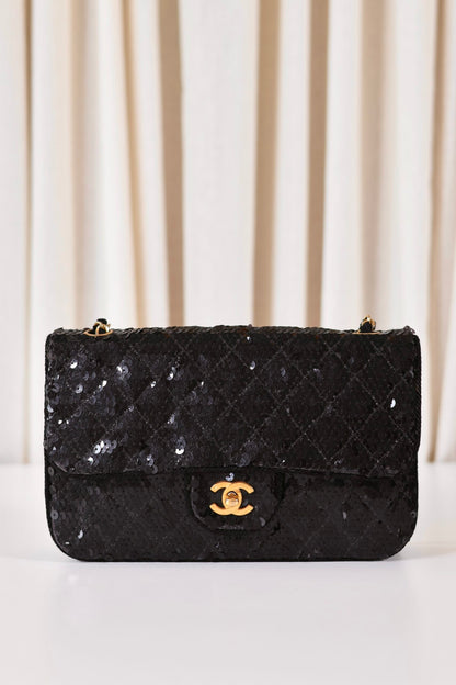 Chanel sequin single flap bag black