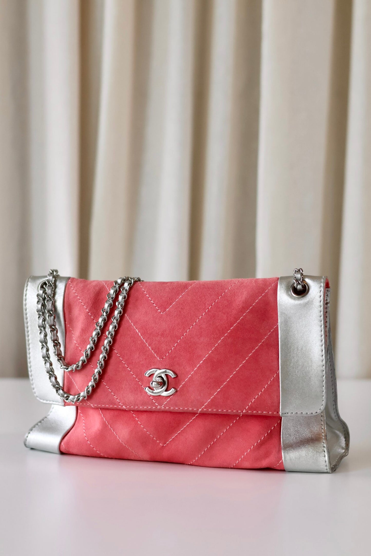Chanel pink suede single flap bag