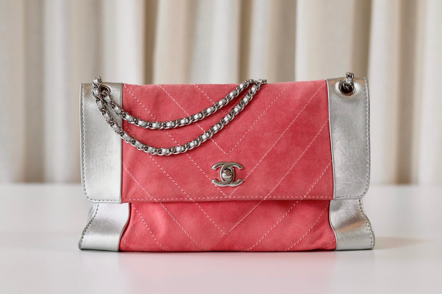 Chanel pink suede single flap bag