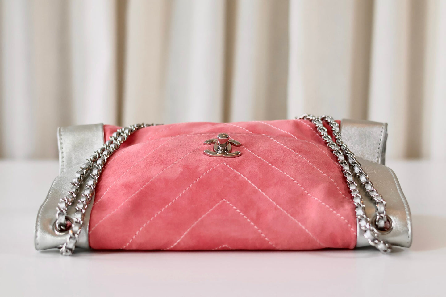 Chanel pink suede single flap bag