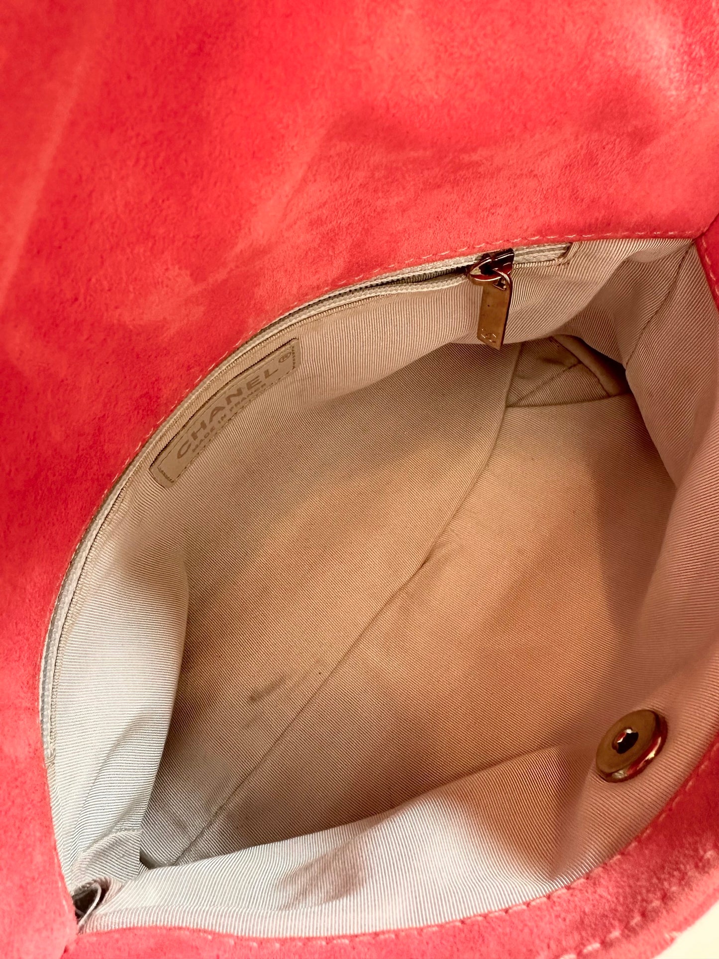 Chanel pink suede single flap bag