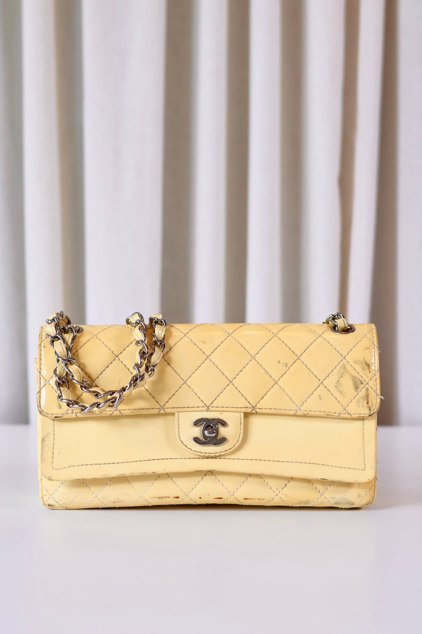 Chanel patent double flap bag yellow