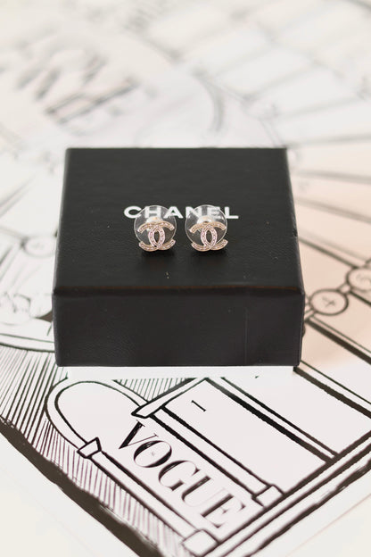 Chanel CC Stud Earrings Silver