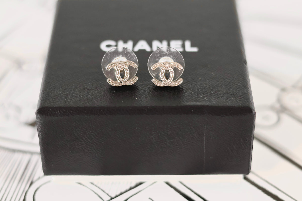 Chanel CC Stud Earrings Silver