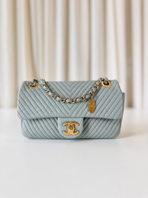 Chanel chevron single flap bag blue